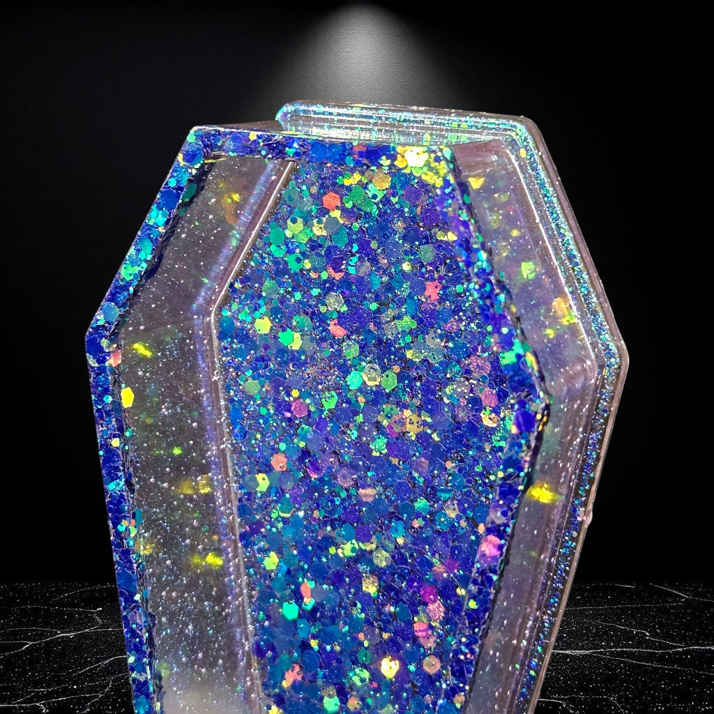 Color-Shifting Coffin Trinket Dish – Blue to Gold Glitter