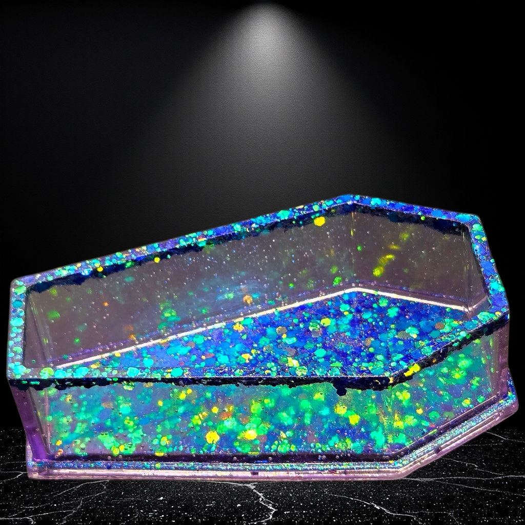 Color-Shifting Coffin Trinket Dish – Blue to Gold Glitter