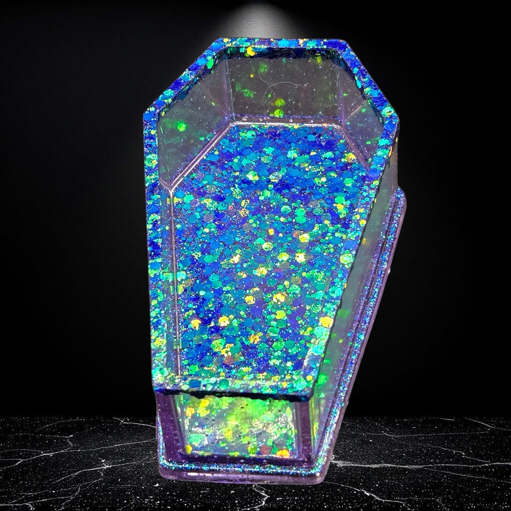 Color-Shifting Coffin Trinket Dish – Blue to Gold Glitter