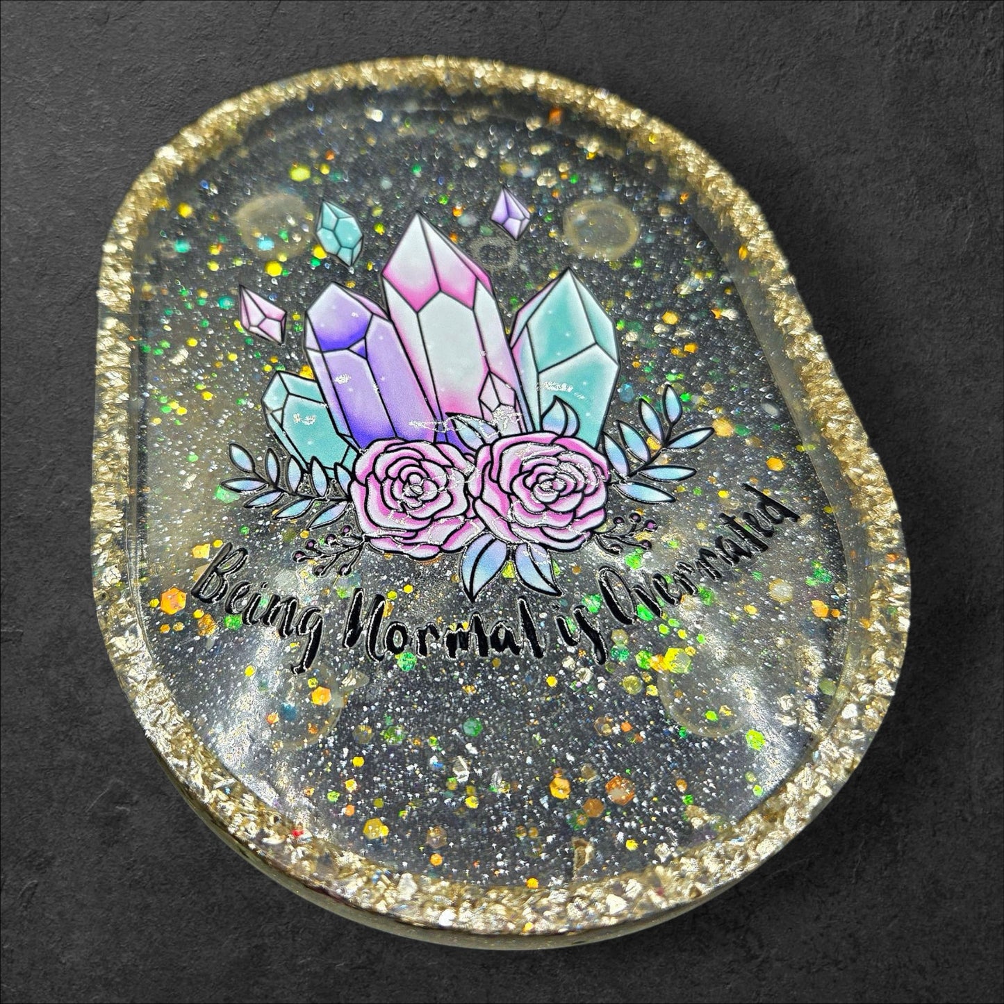 “Being Normal is Overrated” Crystal Glitter Trinket Tray – Silver Edge