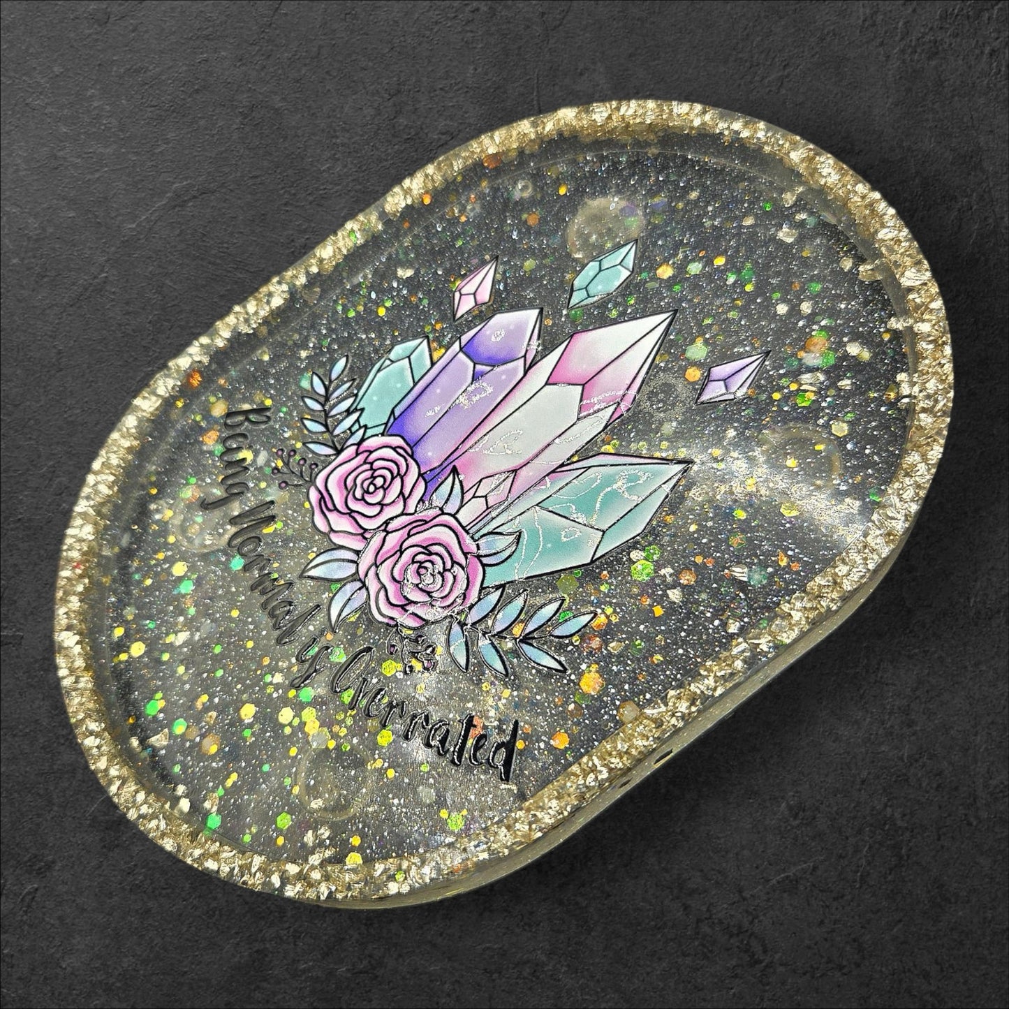 “Being Normal is Overrated” Crystal Glitter Trinket Tray – Silver Edge