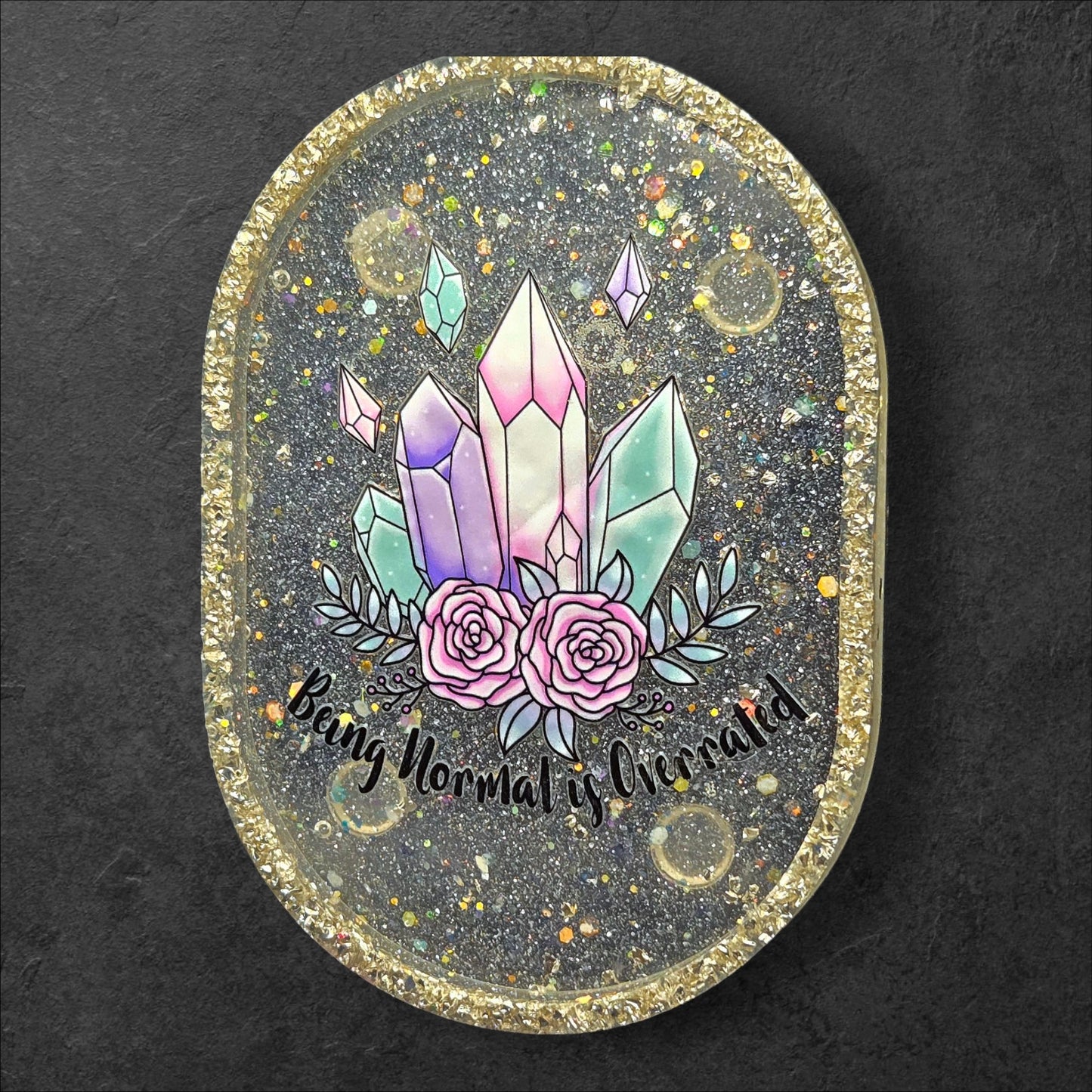 “Being Normal is Overrated” Crystal Glitter Trinket Tray – Silver Edge