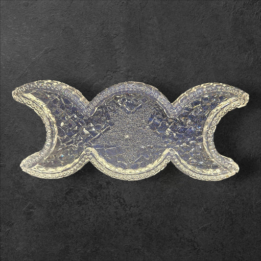 Triple Moon Goddess Crystal Tray – Clear Resin with Faceted Shine