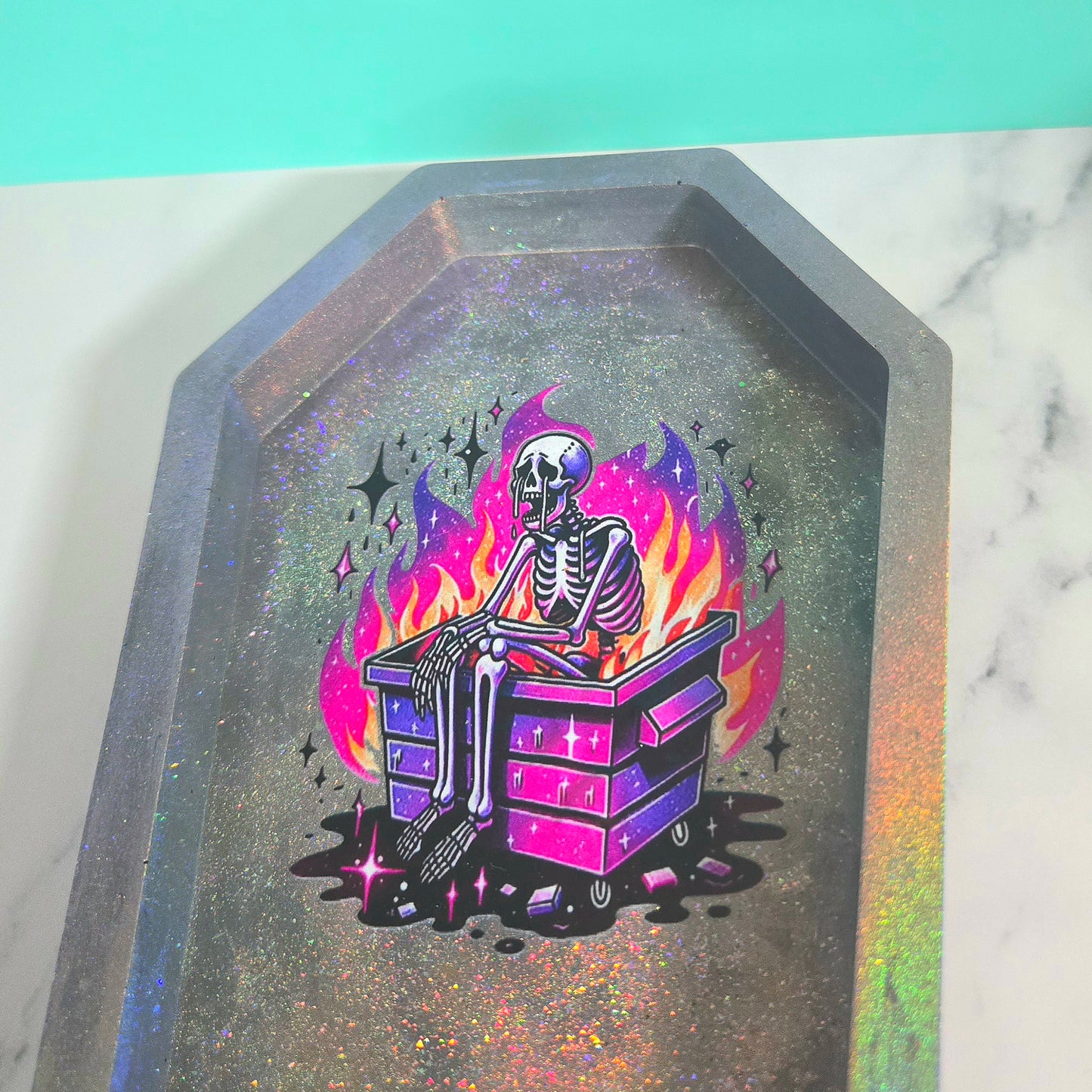 “Dumpster Fire Skeleton” Holographic Coffin Tray