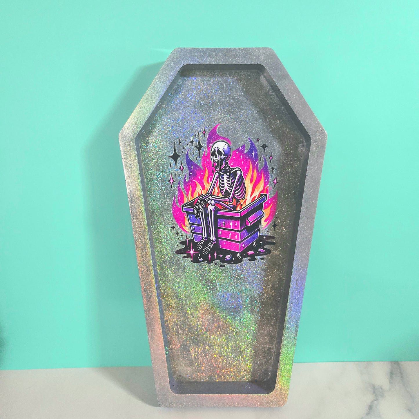 “Dumpster Fire Skeleton” Holographic Coffin Tray