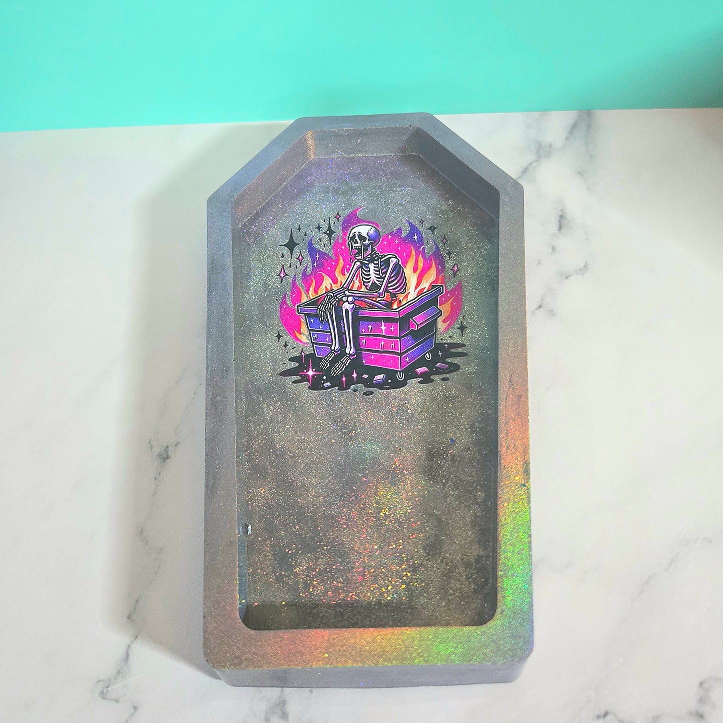 “Dumpster Fire Skeleton” Holographic Coffin Tray
